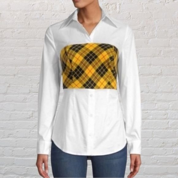 Petersyn Monroe Blouse Plaid Tartan Panel Tie Back Blouse White Yellow S - Picture 14 of 16